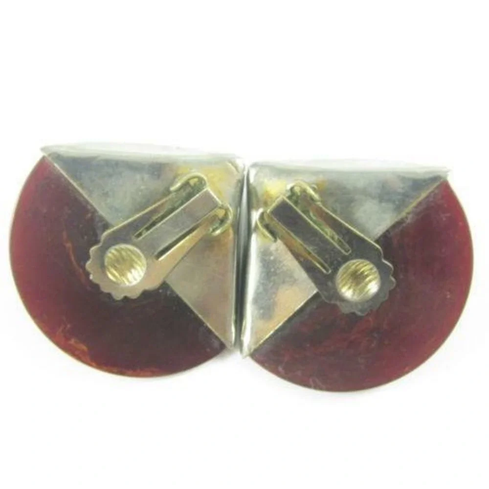 Vintage Dark Red‎ Burgundy Wine Tested Bakelite Fan Shape Clip-On Earrings